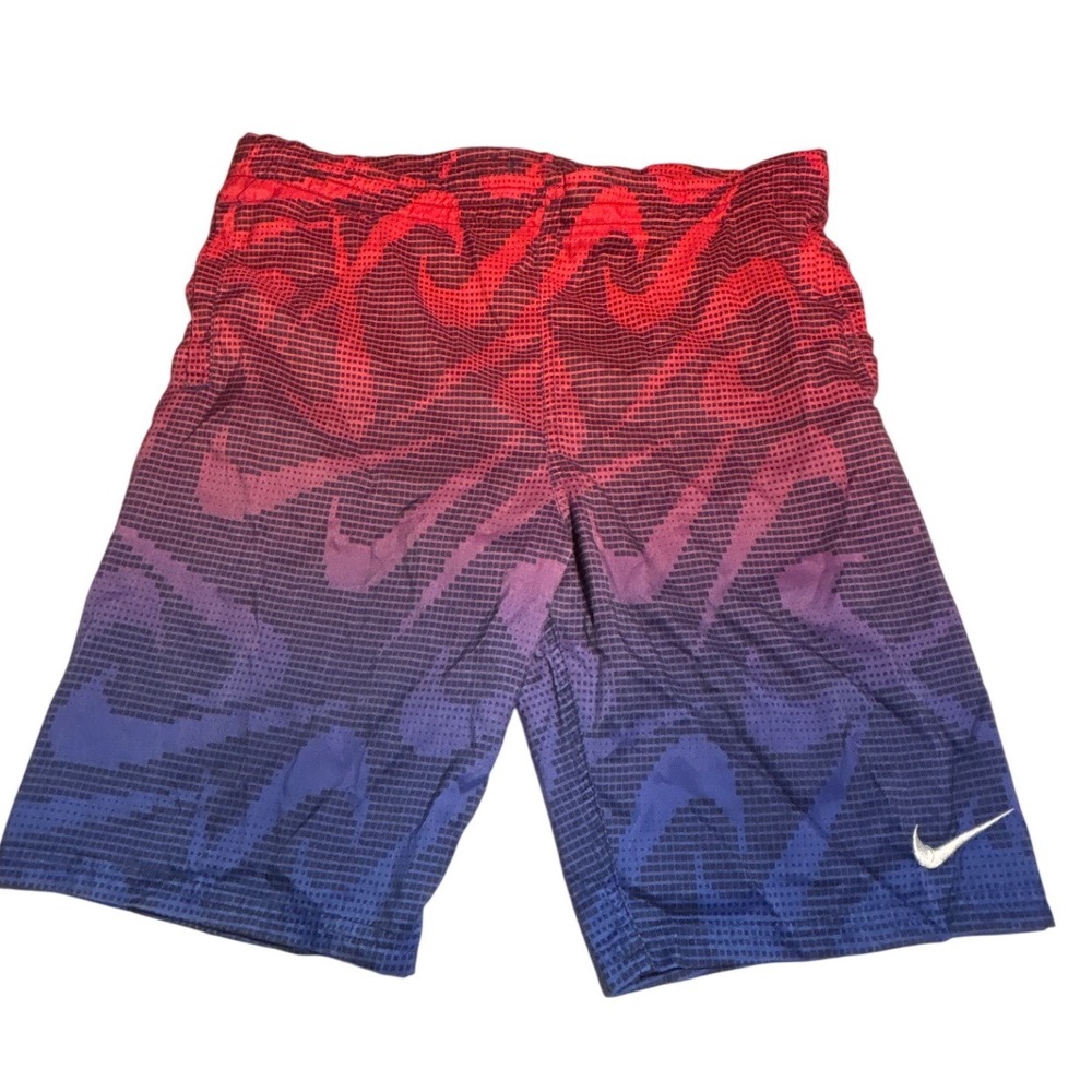 Nike Boys Red Blue Ombre Swoosh Graphic Swim Trunks Size L 12-13 Yrs